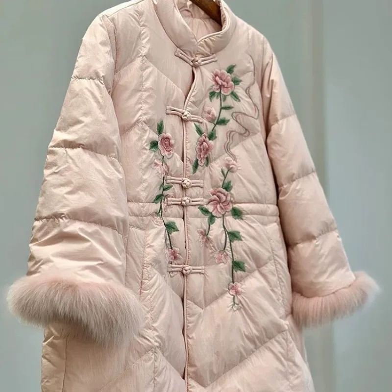 Nuovo stile nazionale cinese ricamo giacca calda piumino invernale anatra cotone lungo imitazione capelli di volpe splicing cappotto da donna di grandi dimensioni