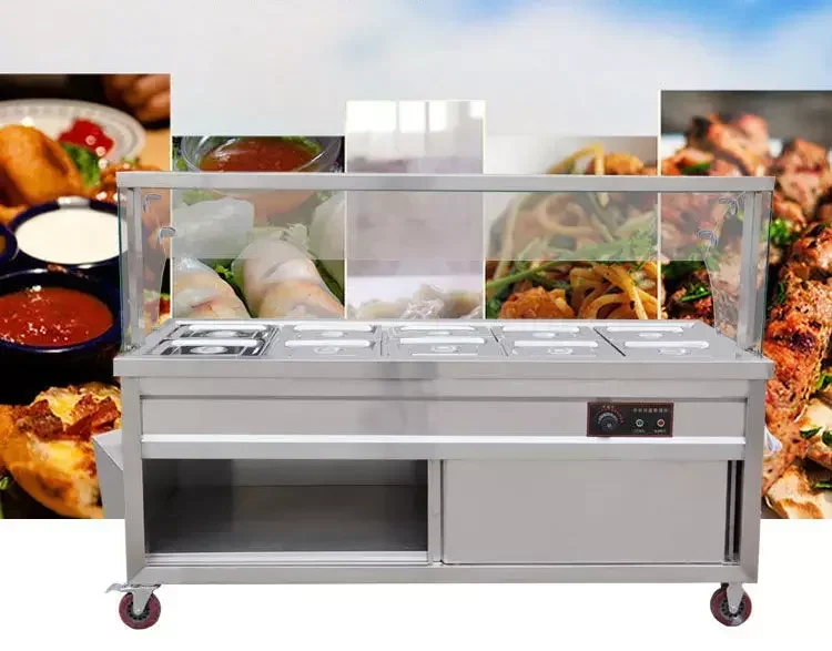 Freistehendes Restaurant Buffet elektrische thermische Edelstahl Glasscheibe Bain Marie Food Warmer Theke mit Schrank