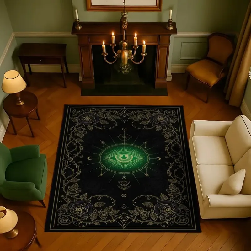 Dark Gothic Evil Eye Rug Luxury Sacred Geometry Carpet for Living Room Bedroom Emerald Aura Dark Academia DecorNon Slip FloorMat