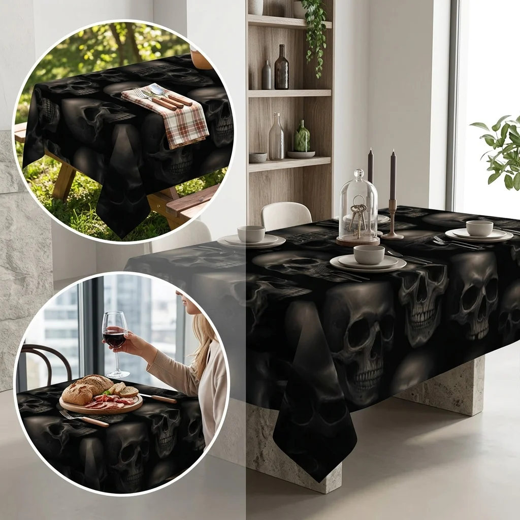 1pc Premium Versatile Black Skull Pattern Tablecloth, 2D Flat Artistic Design, Machine Washable, for Living Room Studio Party Pi