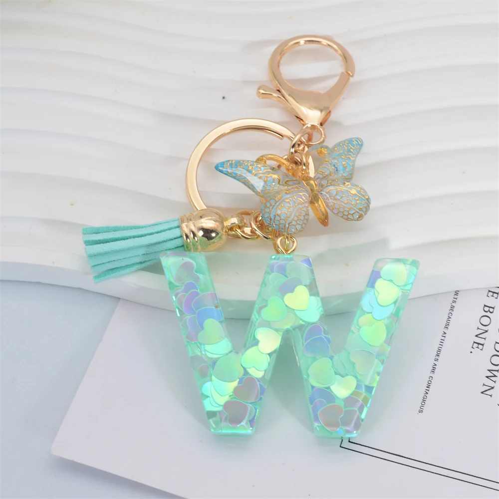 Fashion Green Tassel Butterfly 26Letter Keychain Heart-shaped Sequin Filled Resin Alphabet Keyring for Women Car Handbag Pendant