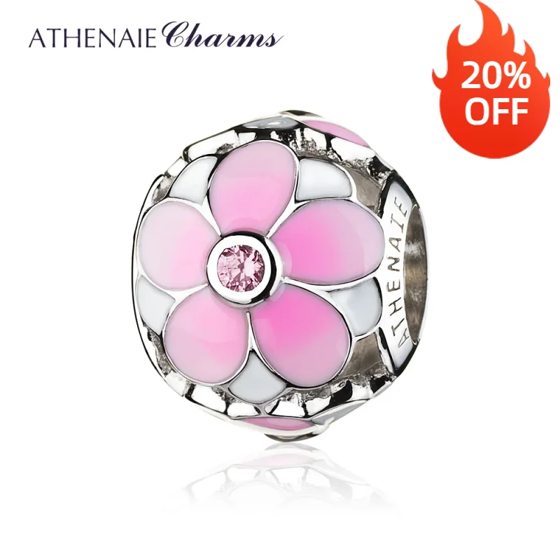 ATHENAIE 925 Sterling Silver Magnolia Bloom Pale Cerise Enamel Pink CZ Bead Charms for European Bracelets