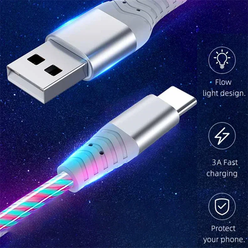 Flow Luminous USB Type C Cable 3A Fast Charging Data Cord for Samsung Xiaomi OPPO Huawei IPhone Charger Micro USB Wire LED Cable