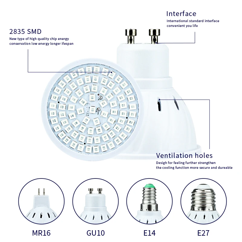 Lampadina da coltivazione a Led a spettro completo E27 E14 GU10 MR16 220V luce di crescita idroponica 48 60 80Led lampada da coltivazione idroponica per piante da fiore