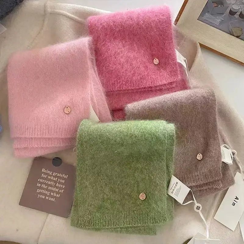 90% Wool scarf for woman 2026 autumn winter Korean fashion sweet warm solid knitted neck warmer 10% cashmere scarf