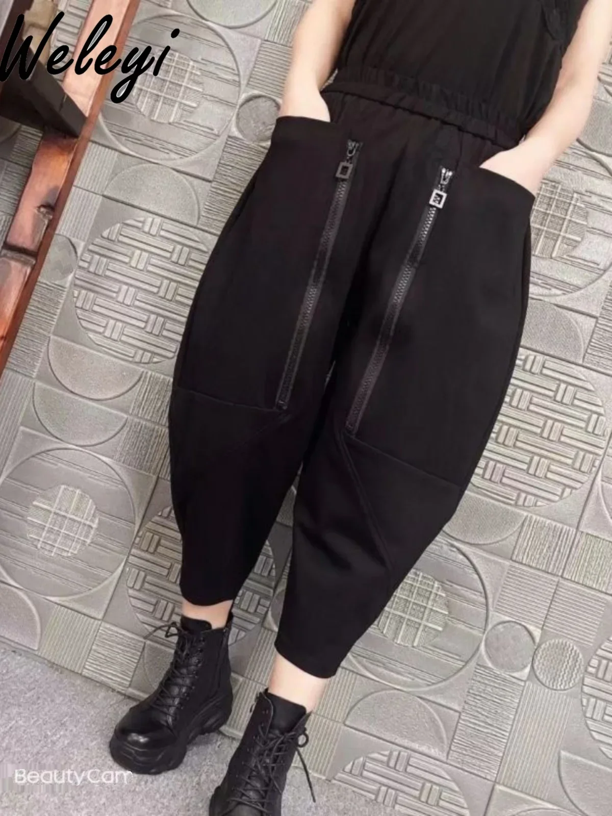 

Personalized Loose Double Zipper Nine-point Pants Autumn and Winter Large Size Fleece Thickened Elastic Waist Harlan Pants Woman