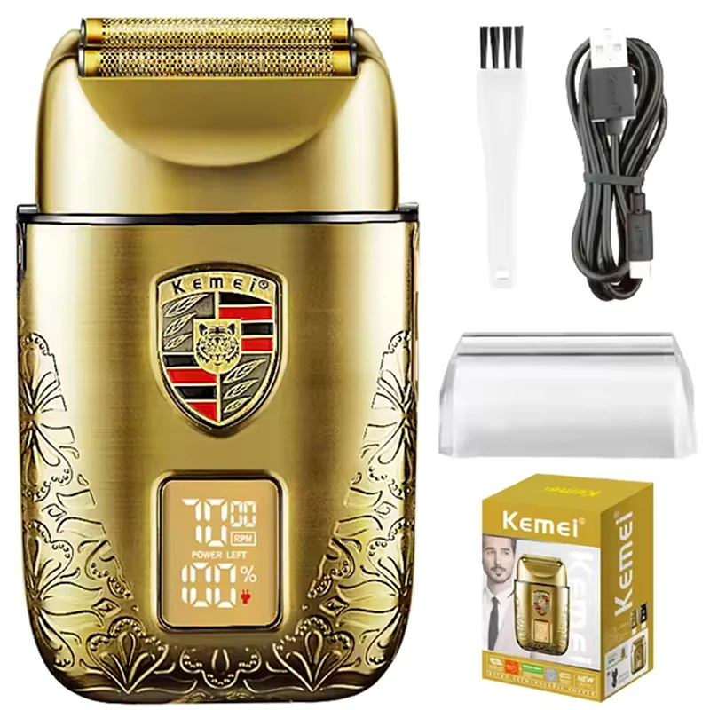 Kemei New Shaver LED Display Hair Beard Razor for Men Classic Gold Razor Metal Shell Portable Fast Charge Beard Shaver KM-T93