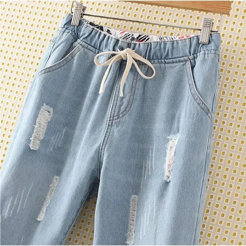 ยืดหยุ่นสูงเอว Hemming แฟน Ripped Harem กางเกงยีนส์ Mom Light Blue Cuffed Casual ข้อเท้าความยาว Capris Baggy Denim กางเกง