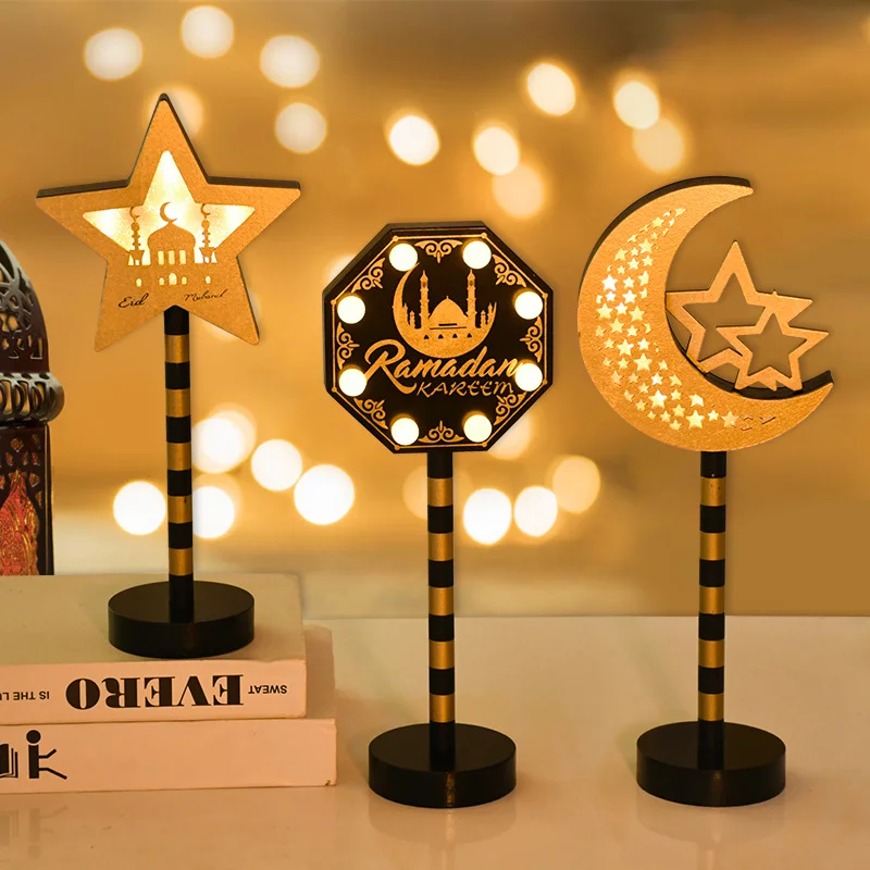 

Ramadan Moon Star Lamp Sign Eid Mubarak Wooden Table Ornament 2025 Islamic Muslim Party Home Decoration LED Light Lantern Gifts