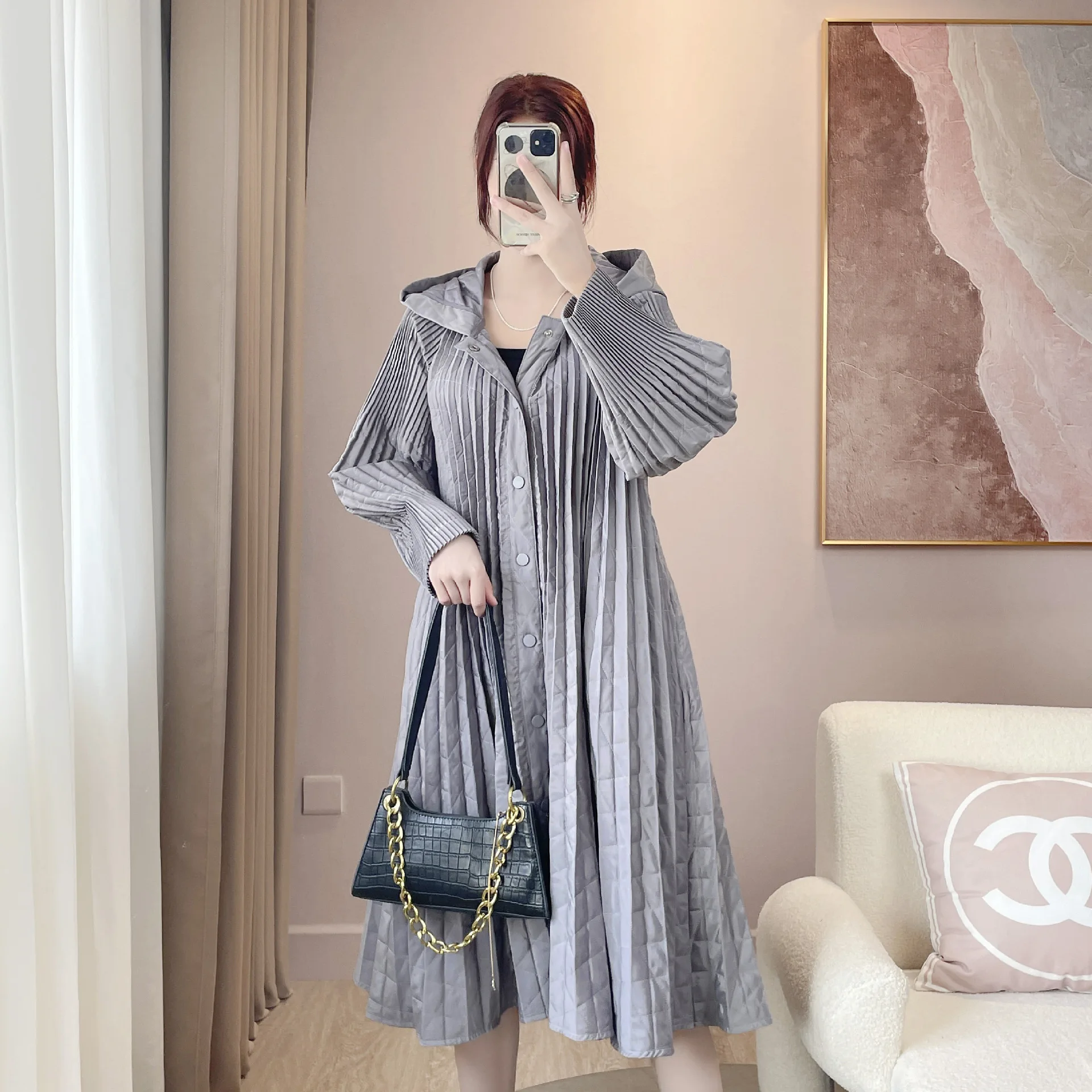 

Miyake Pleated Coat Women Winter Hooded Loose Plus Size High Quality Coat Fashionable Warm Windproof Single Breasted Coat