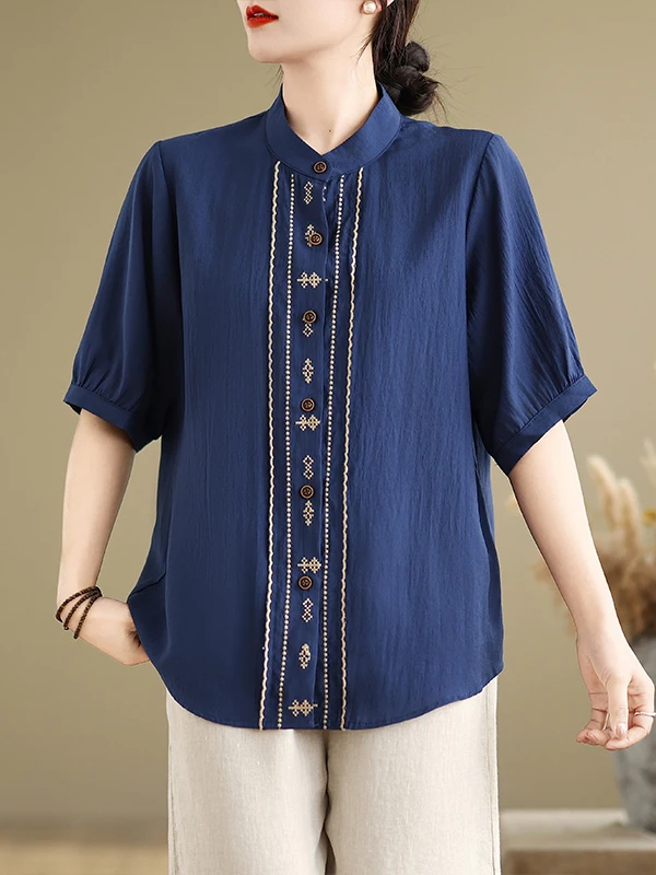Ele Embroidered Loose irt Design Sensation Summer New Women's Faion Five Sve Tops Quali Fabric Flip Collar irt