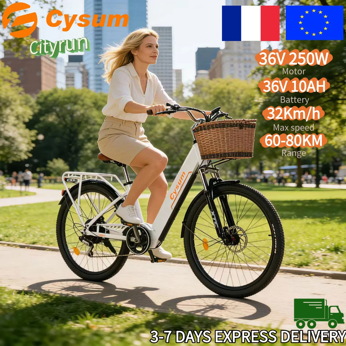 Vélo électrique Cysum Cityrun 26 pouces, moteur 36V 250W, batterie 36V 10Ah, SHIMANO 7 vitesses, frein à disque, panier, vélo électrique pour adultes