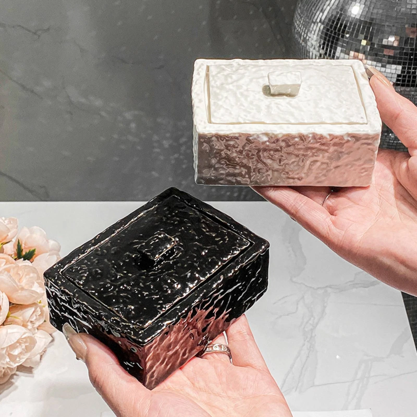 Ceramic Storage Box Hammered Texture Rectangular Ceramic Box Jewelry Case Compact Home Decor Textured