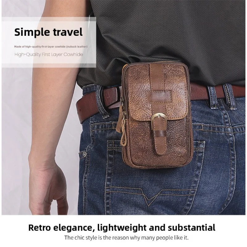 กระเป๋าคาดเอวหนังวัวแท้สไตล์วินเทจสำหรับผู้ชาย กระเป๋าคาดเอวสำหรับเล่นกีฬากลางแจ้ง ทนทานต่อการใช้งาน ใส่โทรศัพท์มือถือได้