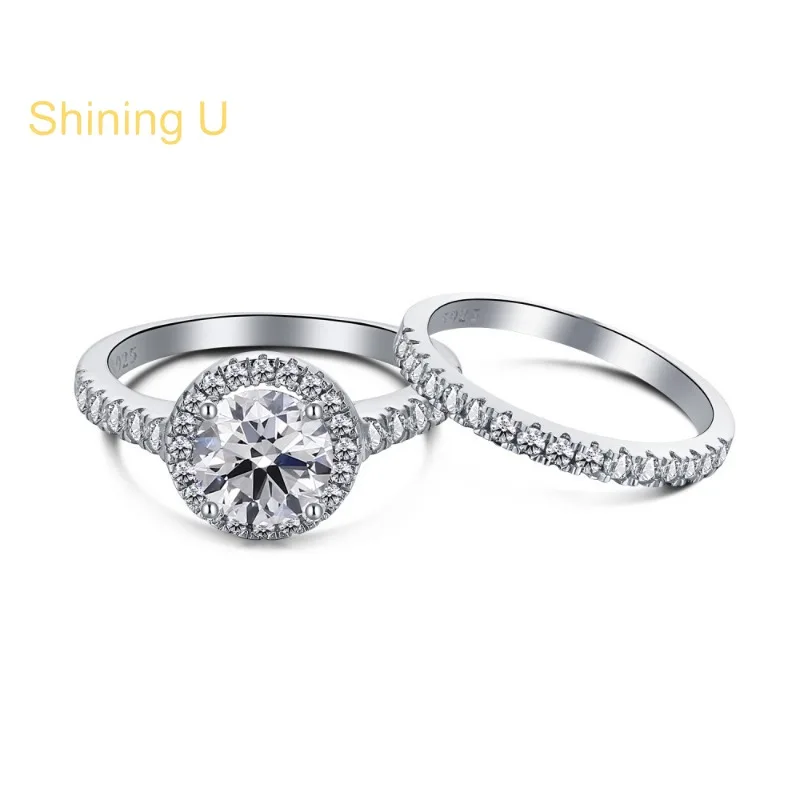

Shining U S925 Silver Round High Carbon Diamond Gems Ring Set for Women Fine Jewelry Engagement