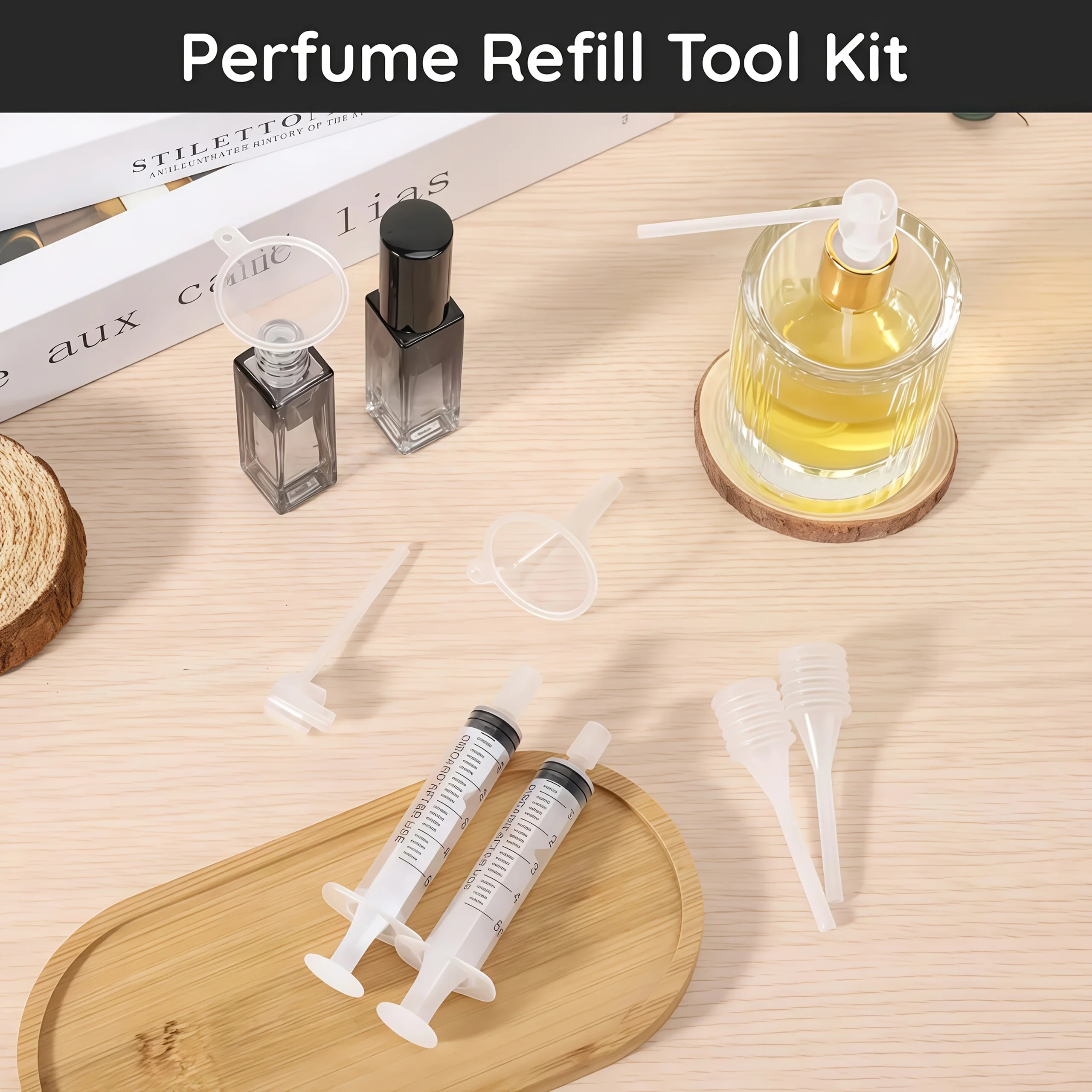 A set of fragrance decanting tools, plastic transparent perfume distribution transfer tool set