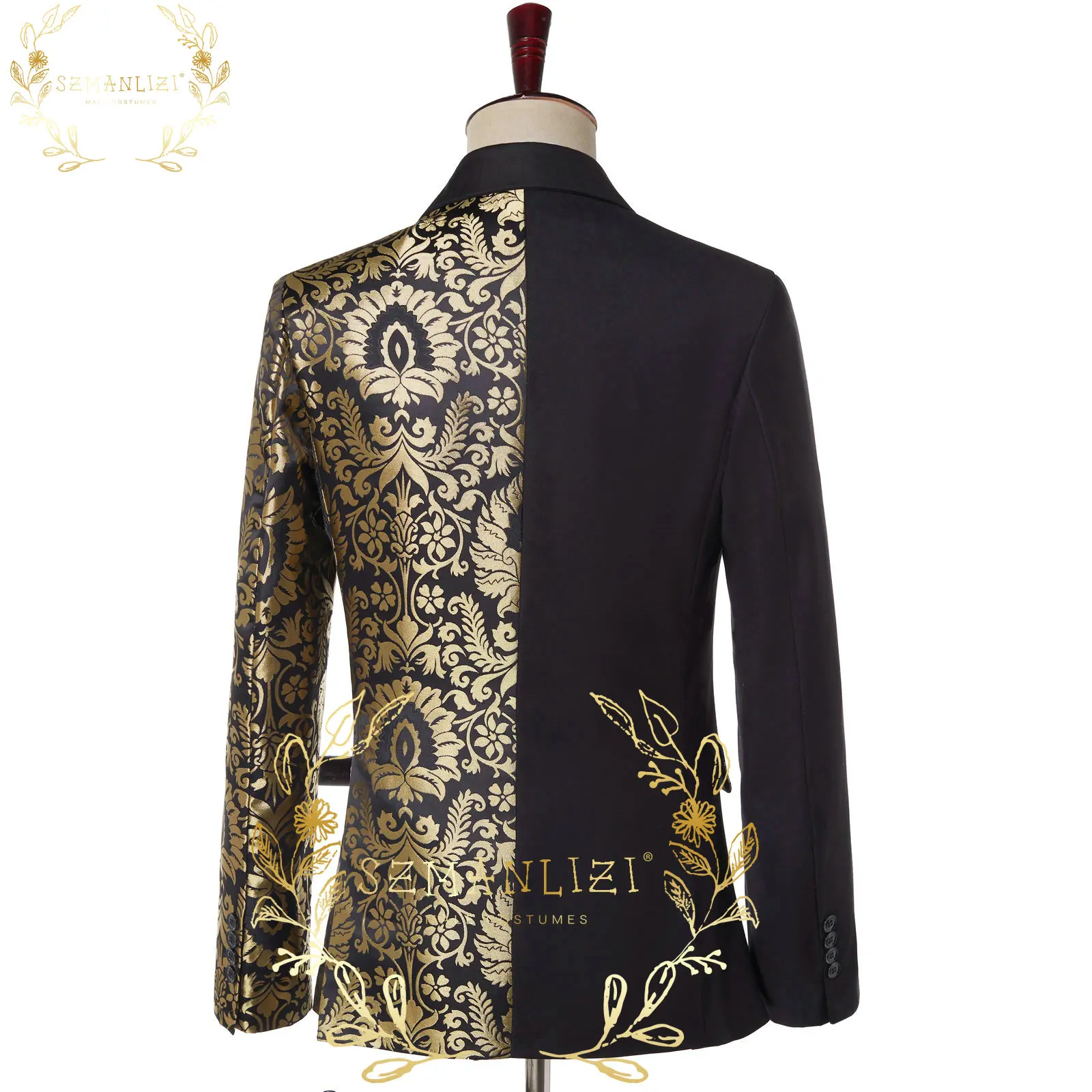 SZMANLIZI Double Breasted Black Gold Floral Jacquard Slim Fit Mens Suits Wedding Groom Tuxedos Party Jacket Pant Terno Masculino