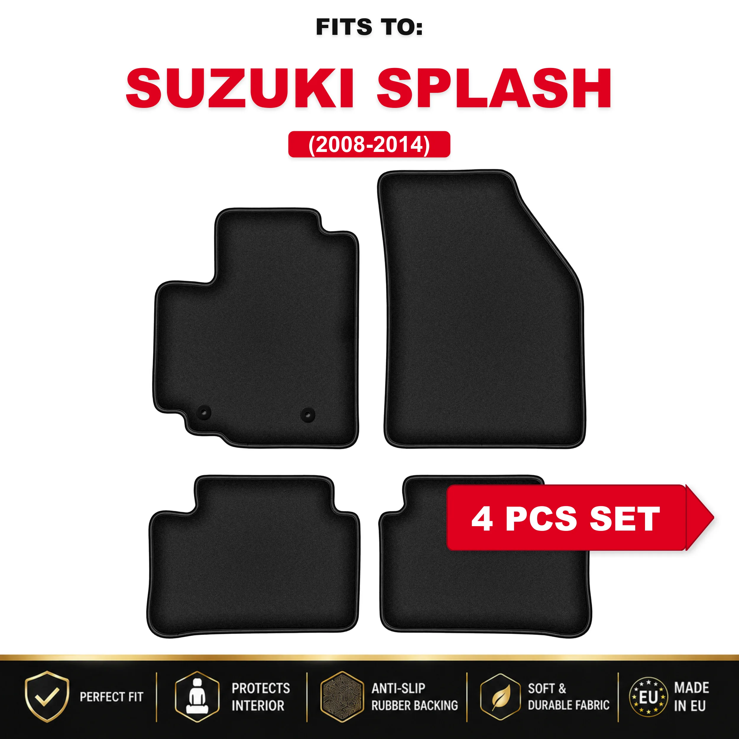 Zwarte velours autovloermatten, 4 stuks Voor: Opel Agila B 2008-2014 automattenset voor in de auto
