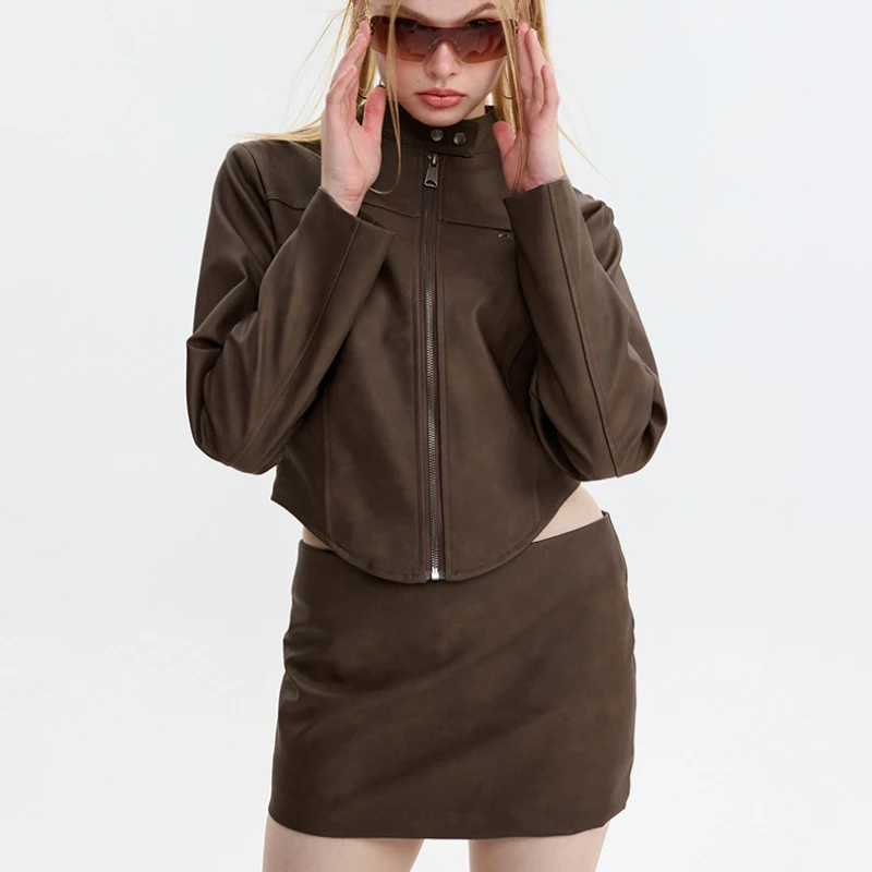 Autumn Y2K Women's Slim Short Leather Jackets Coat with High Waist Mini A-line Skirt Suits Sexy Girls Streetwear Skirts 2pcs Set