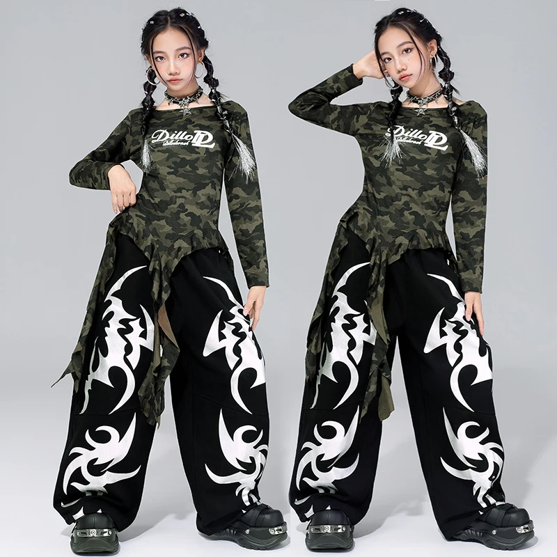 

Children Jazz Outfit Girl Kpop Dance Clothes Camouflage Top Black Loose Pants Kid Hip Hop Jazz Dance Costume Streetwear VDL4985