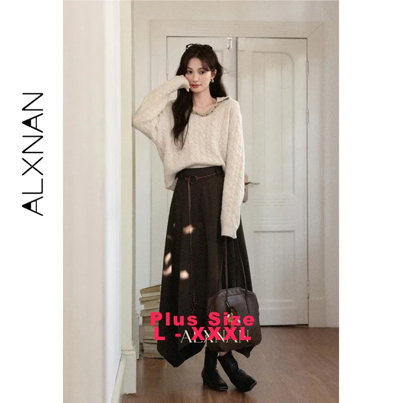 

ALXNAN Plus Size Sweater Winter Warm Casual Loose-fit Women's Pullover V-neck Ribbon Side Slit Button Details Tops Female D59115
