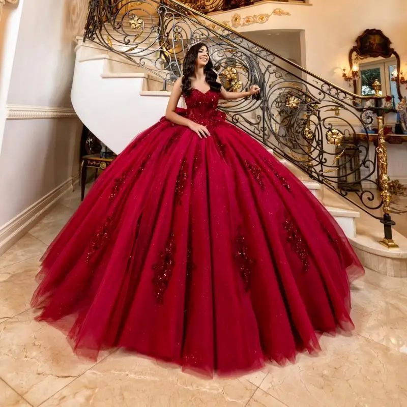 

Customized Shiny Red Off Shoulder Quinceanera Dress sequin applique Lace Tull Bow vestidos de 15 Quinceanera ﻿