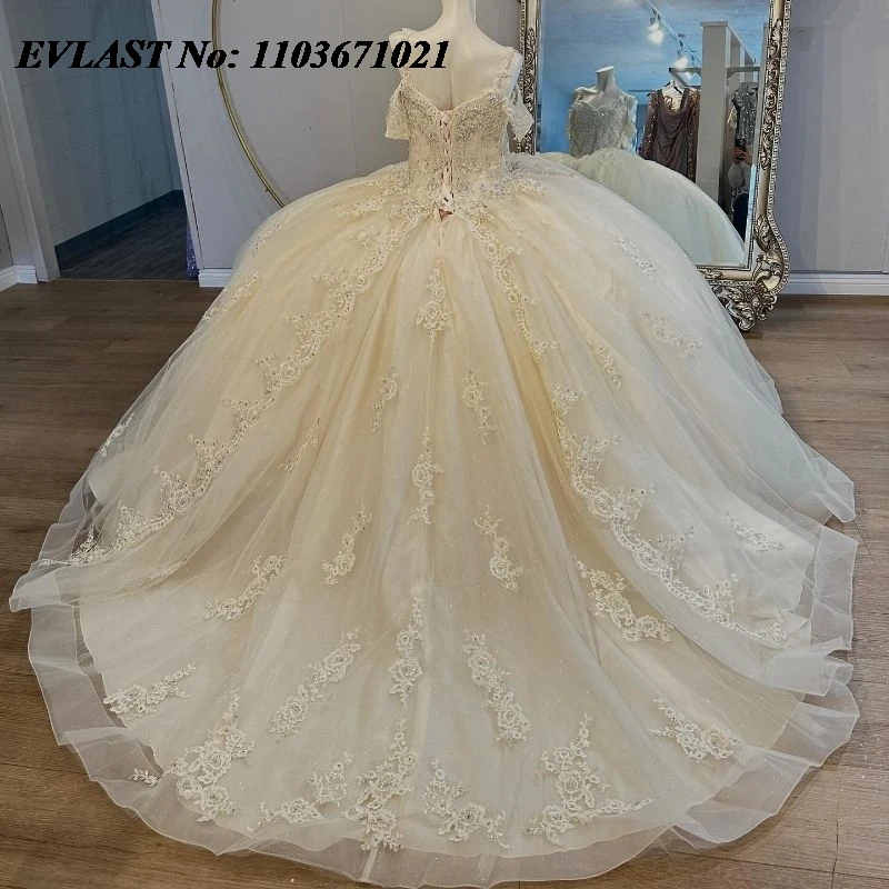 EVLAST Customized Champagne Quinceanera Dress Ball Gown Lace Applique Beading Mexico Corset Sweet 16 Vestidos De 15 Anos SQ169