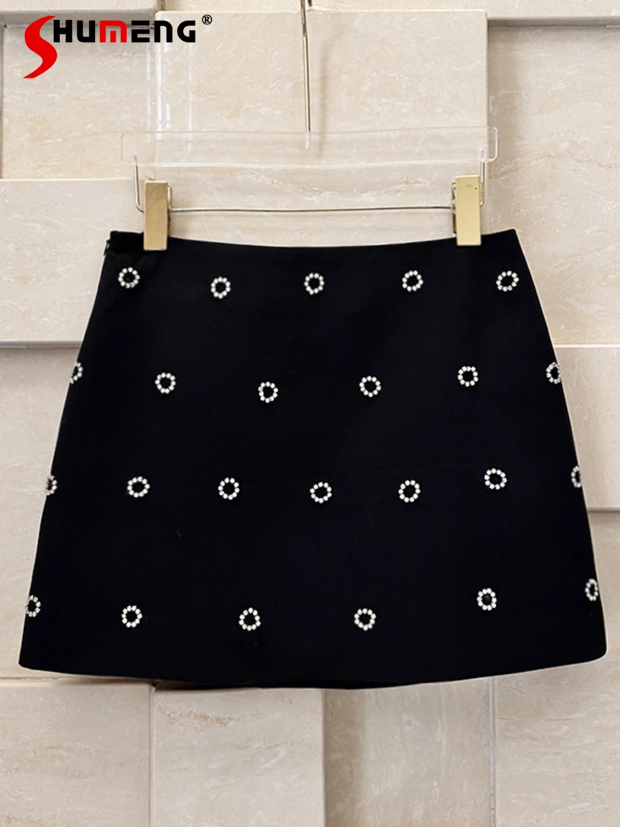 

2024 Autumn New Slim-fit Bead Diamond Slimming Skirt Sweet Female Temperament Polka Dot Black Skirt Short Women's A-line Skirts