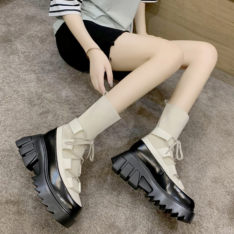 Woman\'s New Ladies Casual Stretch Fabric Socks Boots Fashion Cross-tied Shoes Platform Gothic Fabric Autumn Thick Bottom Lace-up