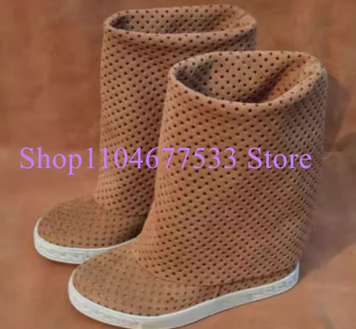 

Brown Color Hollow Out Woman Platform Long Boots Fashion 8cm Increasing Wedge Heel Lady Mid-calf Boots Female Casual Shoes