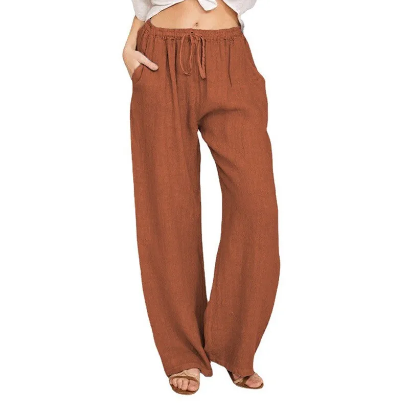 Women's Cotton Linen Drawstring Lace Up Pants Spring Autumn Casual Fashion Versatile Pocket Solid Color Straight Pants