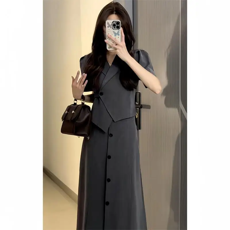 Women's Slim Short Sleeve Blazers A-Line Skirts Two Piece Sets Summer Lady Gray Suit Coats High Waist Skirt Outfit 2025 Clothing