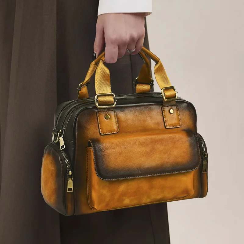 Vintage genuine leather hand-painted ladies' handbag with multiple pockets, high-end business tote crossbody and shoulder bag