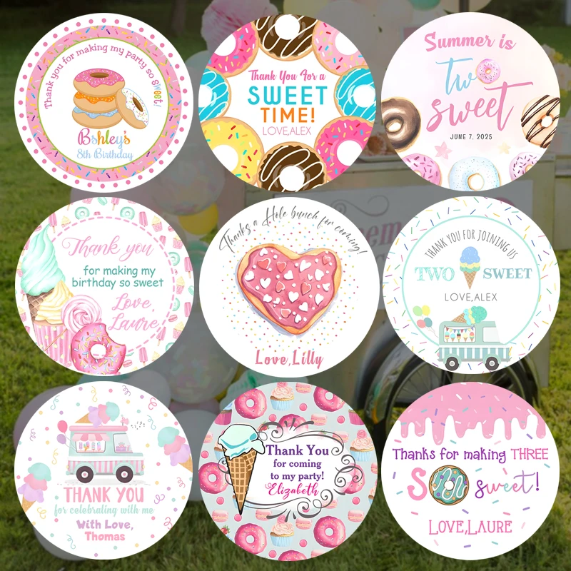 Custom Donut Birthday Party Stickers Seal Label Pink Ice Cream Gift Packaging Stickers Baby Shower Party Sweet Candy Land World