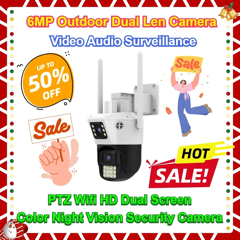 

PTZ Wifi HD Dual Screen Color Night Vision Security Camera Video Audio Surveillance 6MP Outdoor Dual Len Camera