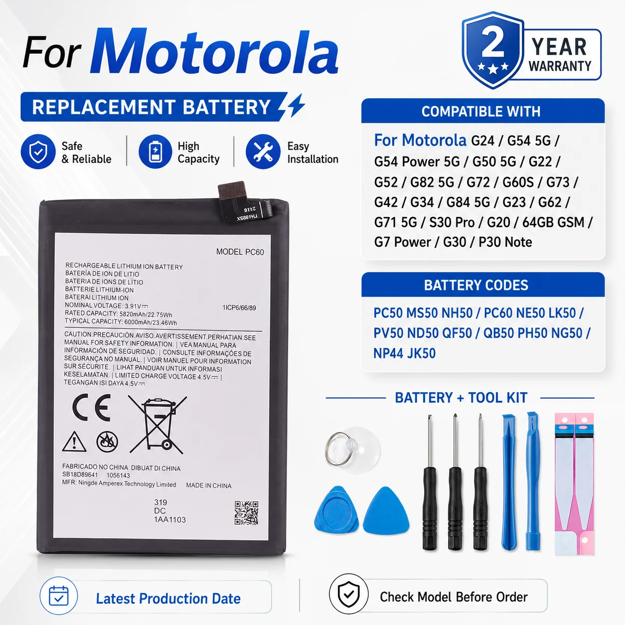 

New High Capacity PC60 MS50 Battery for Motorola Moto G24 G54 G7 Power G50 G23 G22 G52 G60S G20 G42 G34 G84 G62 G71 G73 Cell