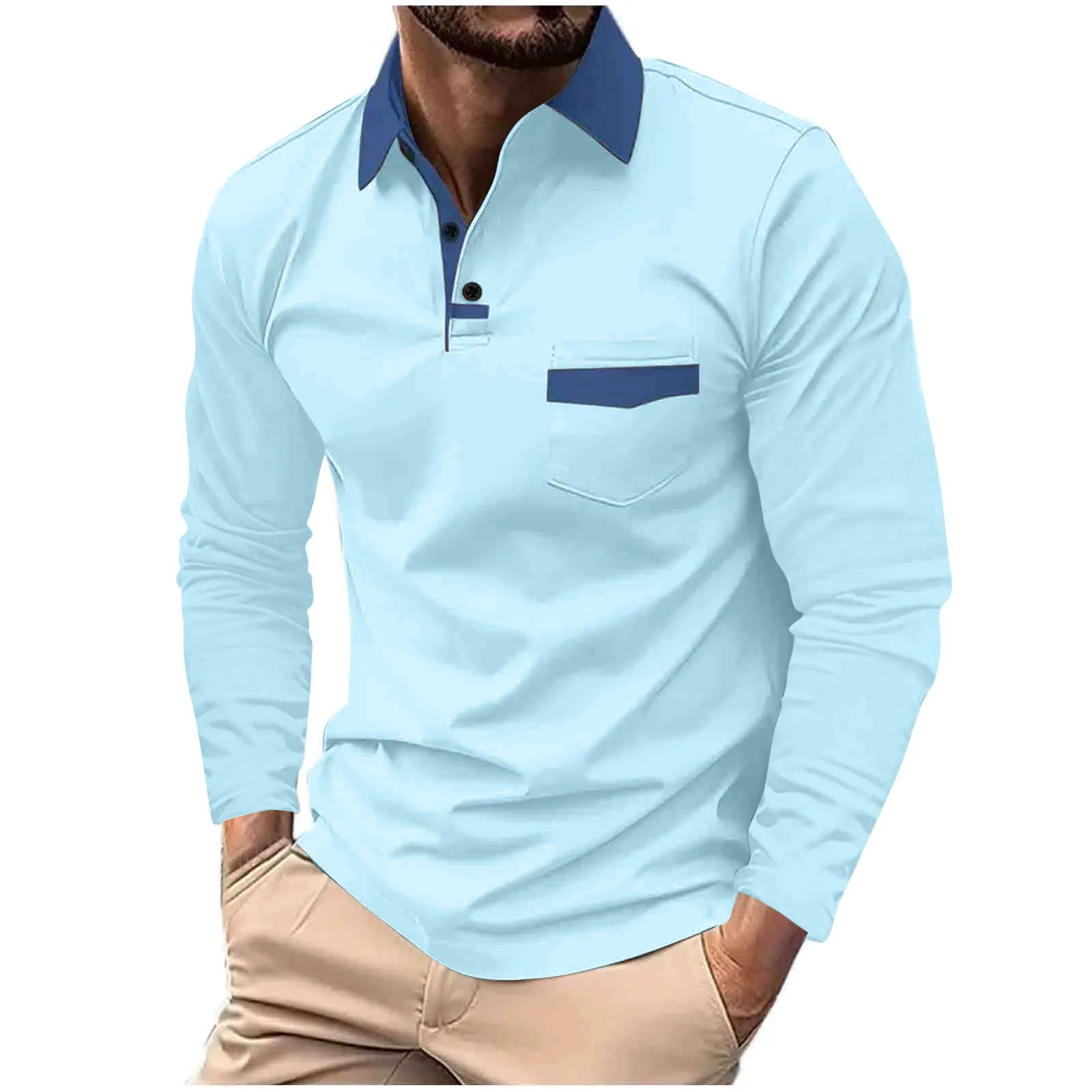 Hot 2024 Spring and Fall leisure business POLO shirt chest pocket men\'s lapel long-sleeved polo shirt