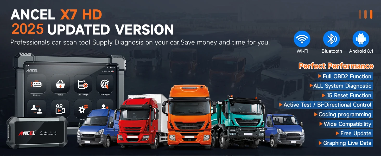 2026 Ancel X7 HD Trucks Professional Diagnostic Device Complete System OBD2 Scanner ECU Oil Reset Bi-directional for Iveco MAN