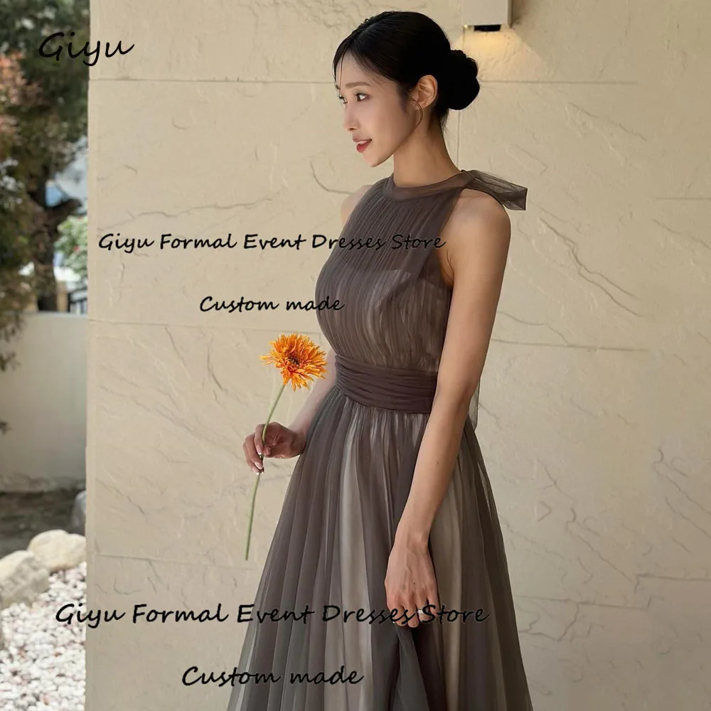 Giyu Simple Draped Korea Wedding Dress Photo Shoot A-line Bow O-Neck Floor-Length Evening Gown Dress Birthday Party Dress