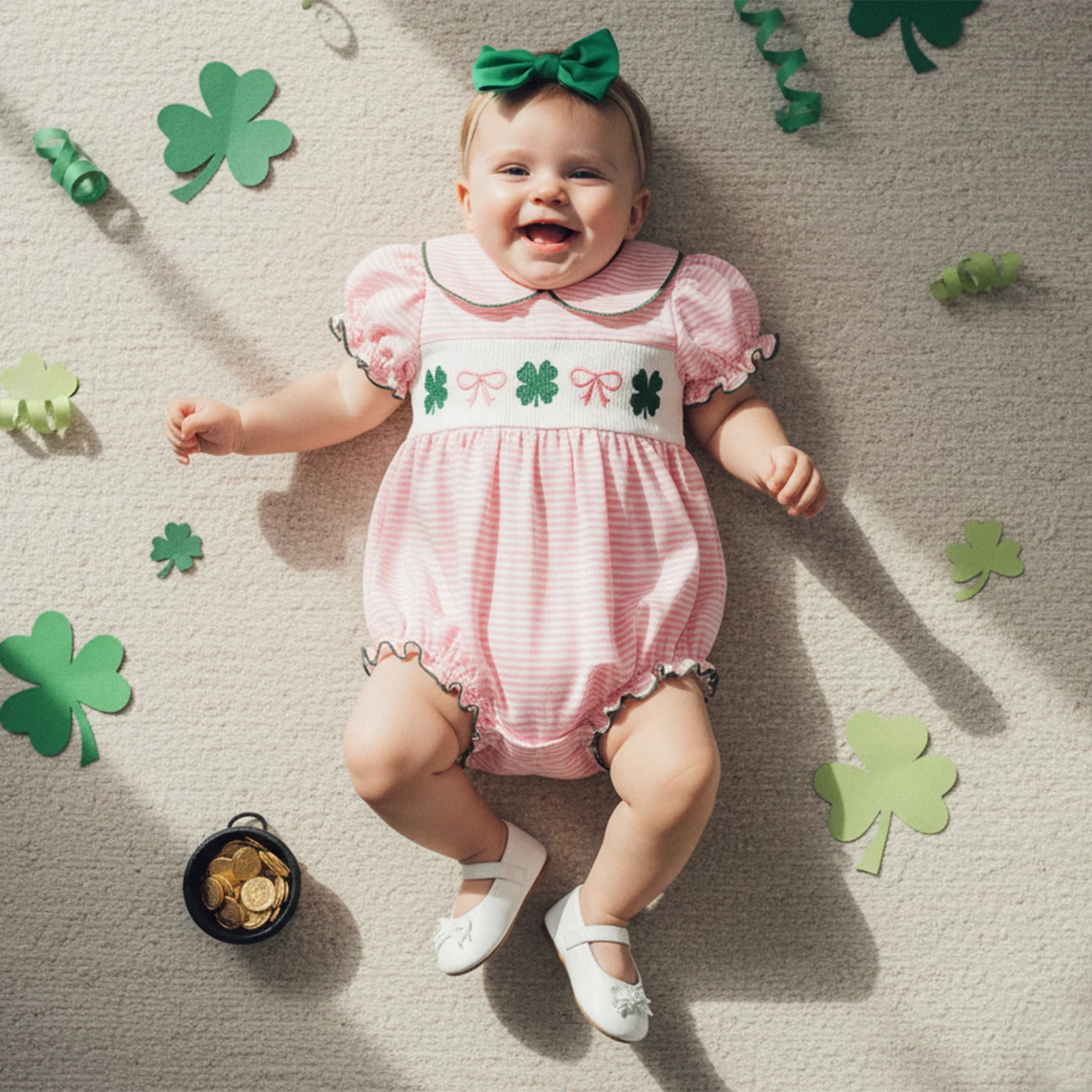 2Pcs Infant Baby Girl Outfit Clover Embroidery Puff Short Sleeve Doll Collar Bubble Romper and Bow Headband Set