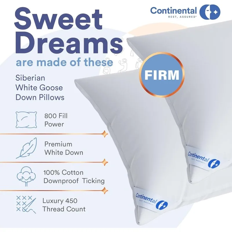 Continental Bedding 100% Luxury Down Pillow - Siberian 800 FP Firm Support King Size - Pack of 1 - Family Crafted in NY