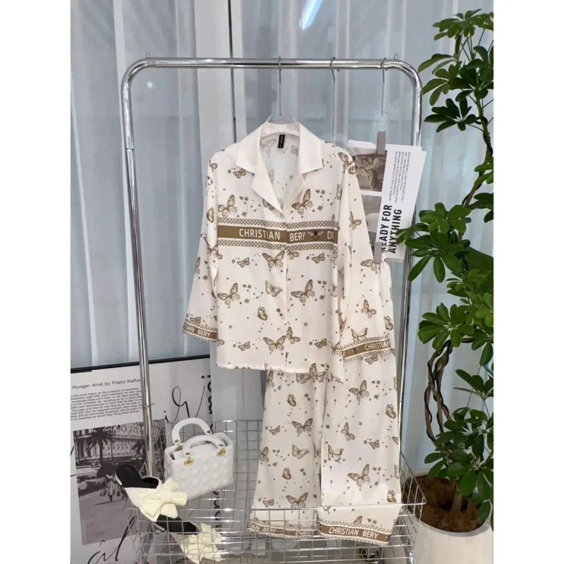 Ensembles de pyjamas à manches longues pour femmes, pyjama à chevrons, motif papillon, matériau en satin, fin et lisse, fjjj, haute qualité