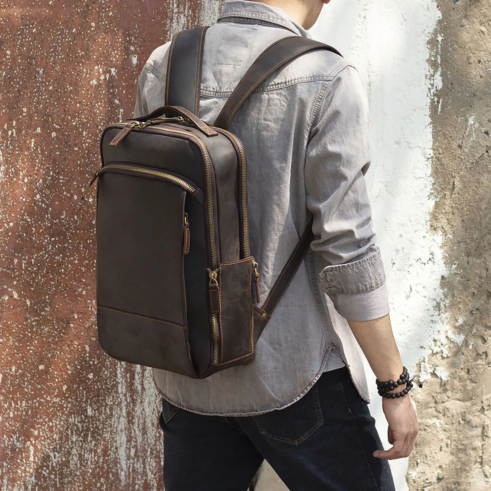 S.WORKER Vintage Echtleder Herrenrucksack 16" Laptop-Tasche Lässige Crazy-Horse-Leder Schultasche Handgefertigte Taschen für Männer – Detail 6