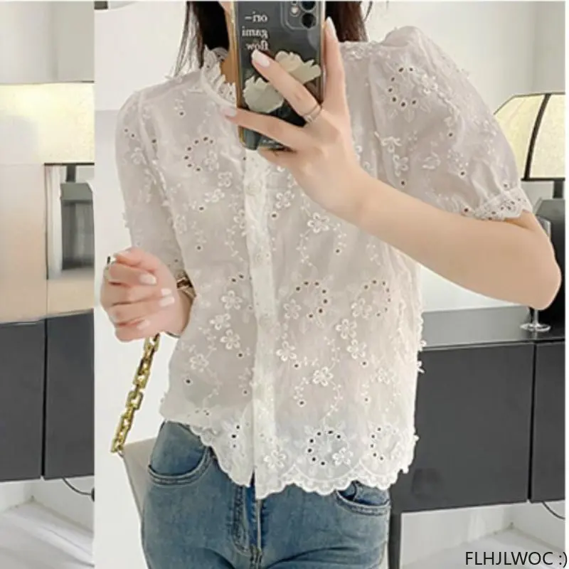 

Cute Retro Lace Tops 2023 Summer Short Sleeve Button Basic Shirts Women Vintage Stand Collar Mesh Hollow Out Crochet Lace Top