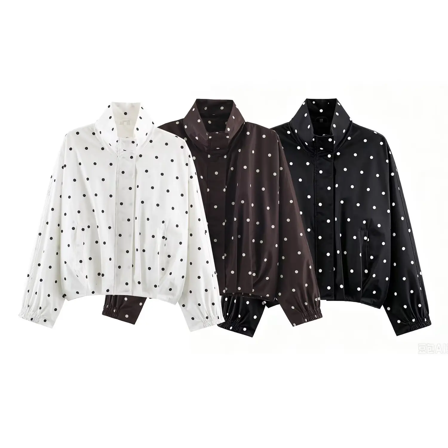 BSAY Damen Bomberjacke mit Polka-Dot-Print, kurz geschnitten, Stehkragen, elastische Ärmelbündchen, lange Ärmel, lässiges Design mit Taschen, kurze Oberbekleidung. – Detail 2