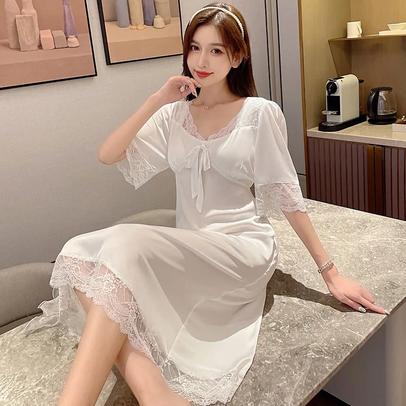 Sexy Ice Silk Long Dress Women's Sleepwear Home Clothes with Chest Pad Attracting Sweet Home Comfortable Nightgown Nightdress