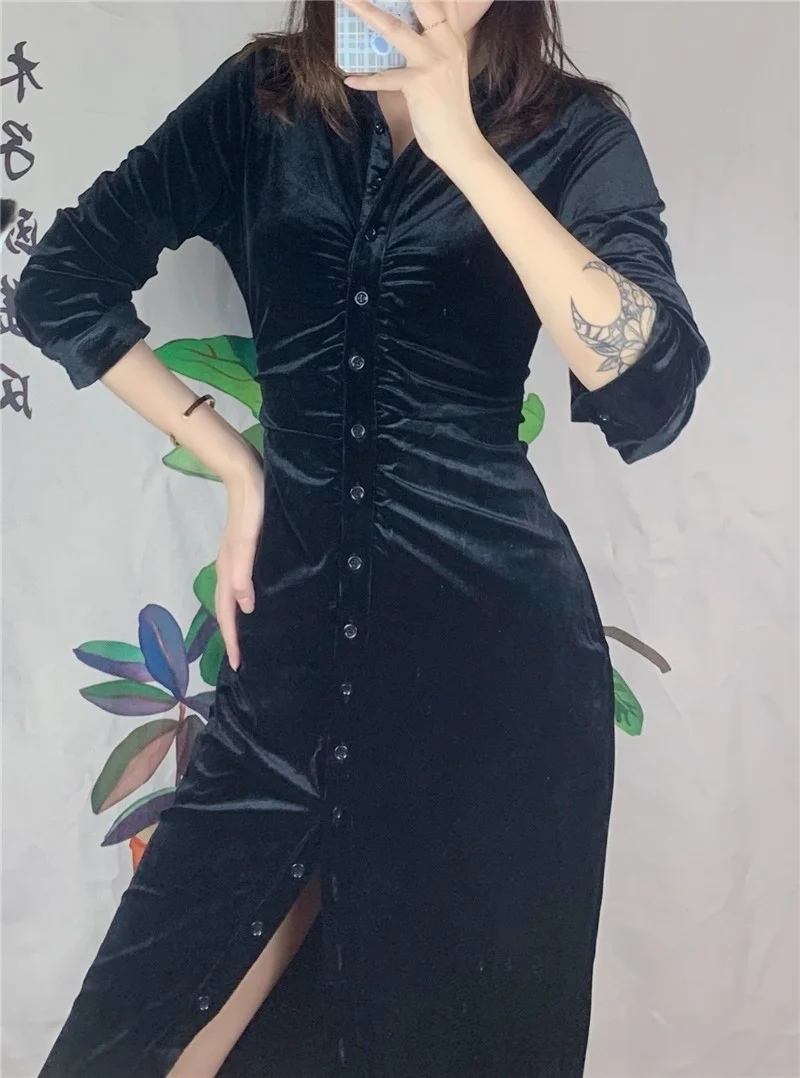 Vestido Midi de Manga Longa com Camada Base, Estilo , Cintura Média, Botão Único, Vestido H-ape