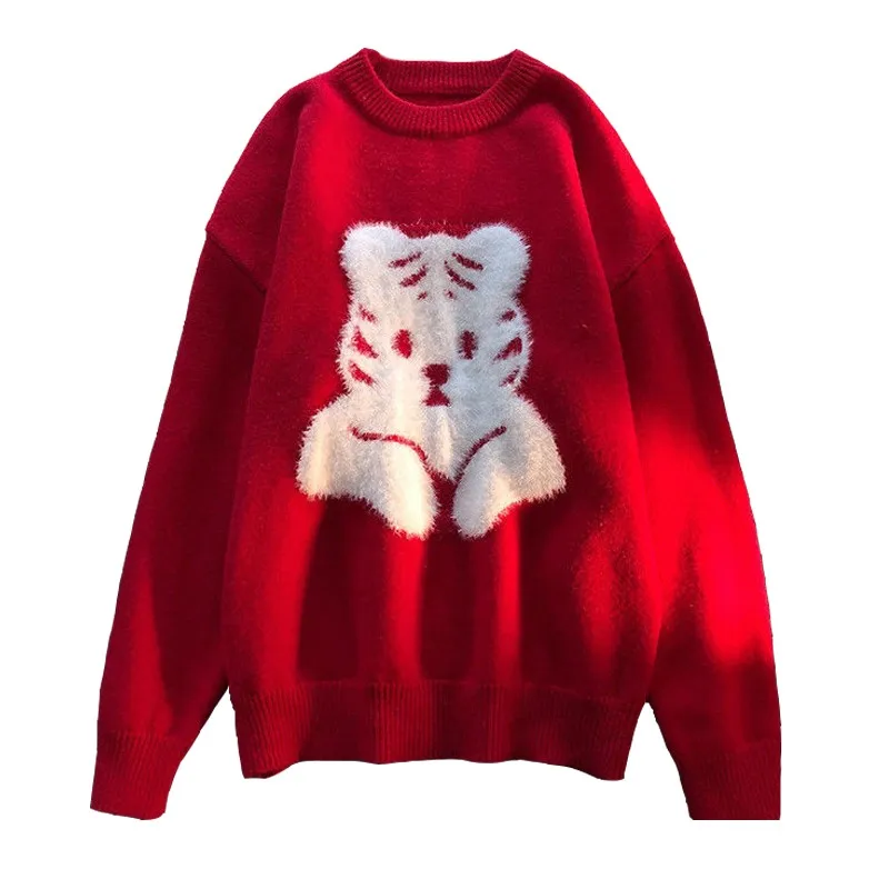 Winter Warm Fashion Cartoon Tiger Animal Harajuku Pullover Women's Sweater Loose Round Neck Trend Lazy Wild Top Sweaters