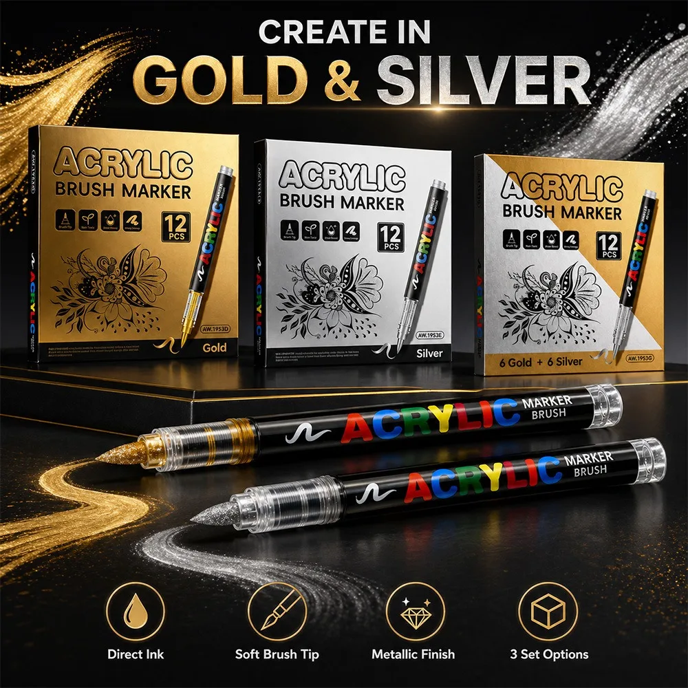 12 Farben Acryl-Farbmarker Schwarz und Weiß/Gold und Silber Marker-Set, Pinselmarker mit großer Tintenkapazität, Kunstbedarf