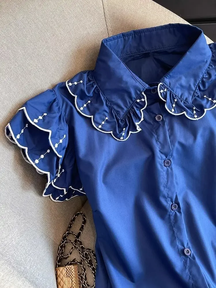 Azul voando manga camisa feminina verão novo vintage doce peter pan colarinho único breasted blusas topos 2025 verão novo